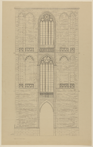 217431 Aanzicht van de westgevel van het eerste vierkant van de Domtoren te Utrecht.